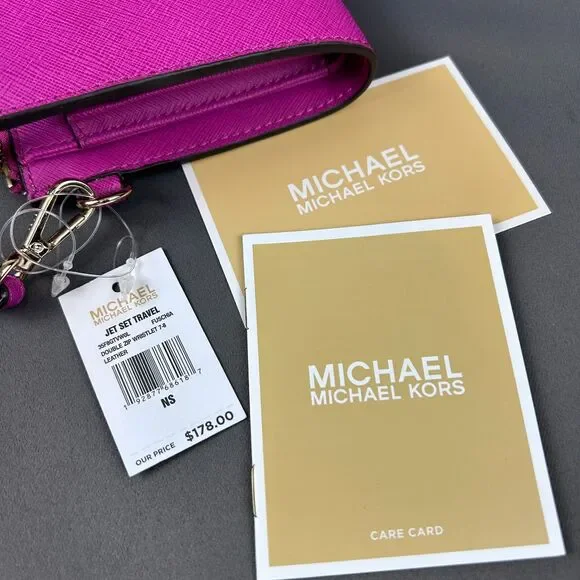 Michael Kors Pink Fuschia Leather Jet Set Travel Double Zip Wristlet Wallet - Picture 9 of 16